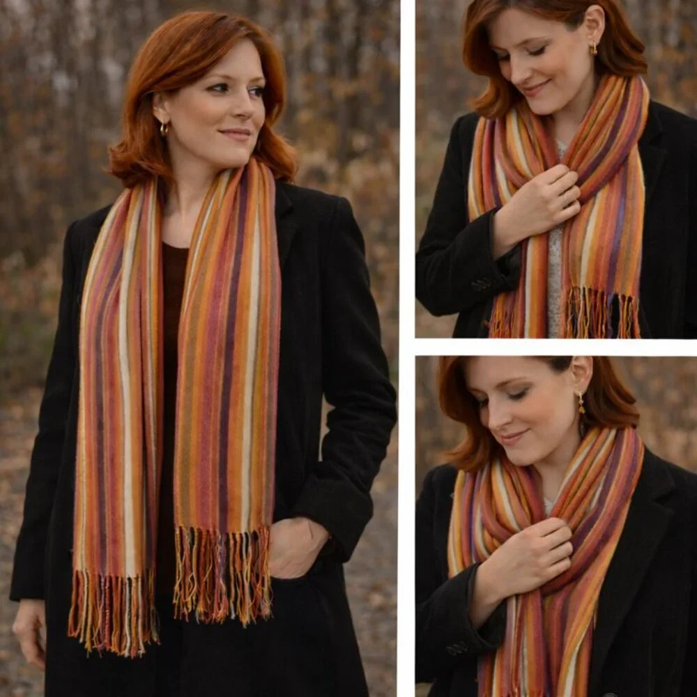 🌈 Vintage-Inspired Striped Fringe Scarf – Warm Autumn Tones – Oversized Wrap